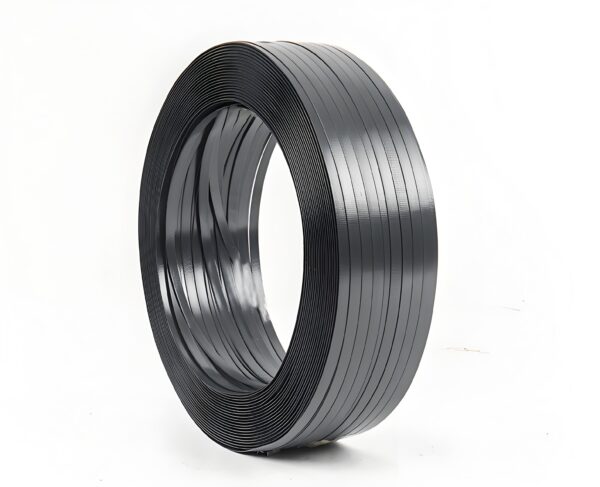12mm black PET strapping with embossed texture for industrial packaging.