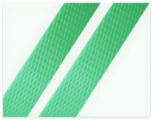 Green PET strapping with embossed texture, shown in parallel strips on a white background.