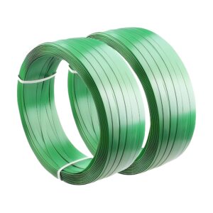 Green PET strapping coil tied with straps for manual or semi-automatic use