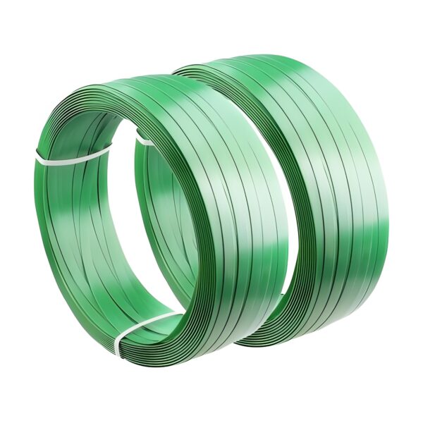 Green PET strapping coil tied with straps for manual or semi-automatic use