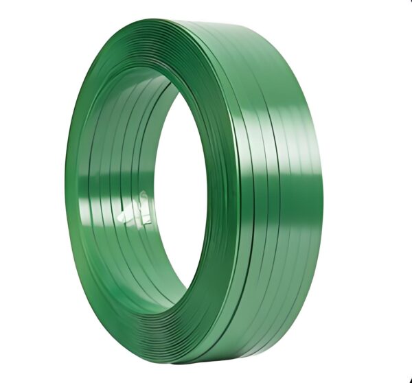 Green PET strapping roll for industrial packaging, tightly wound for machine use