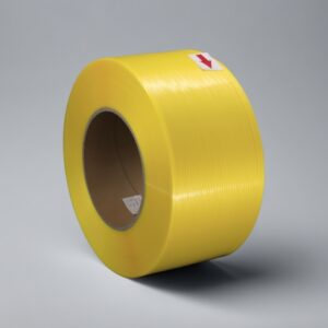 A vibrant yellow PP strapping band roll, suitable for packaging needs.
