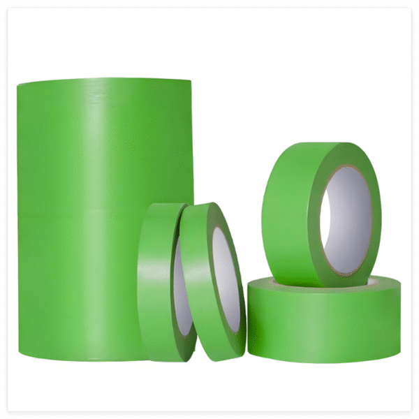 Green masking tape rolls in various sizes, displayed on a white background