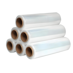 Six rolls of transparent pe stretch film stacked in a pyramid shape, each with a brown cardboard core.