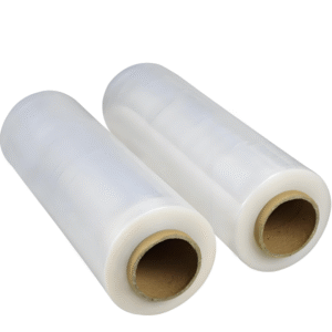 Two clear hand stretch film rolls stacked , used for manual pallet wrapping