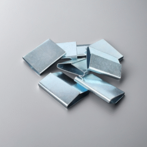 Box of galvanized steel strapping clips used for PP straps