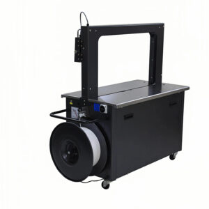 5mm automatic strapping machine with black frame, white strap roll, control panel, and wheels on a white background.