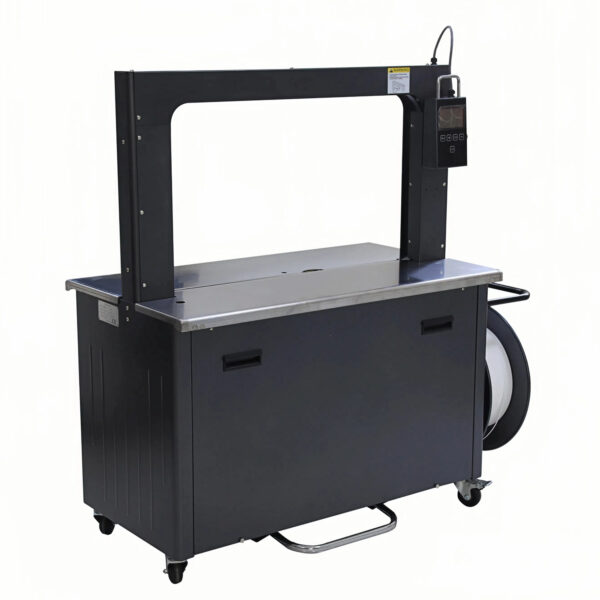 5mm automatic strapping machine side view showing strap dispenser, black frame, and wheels on a white background.