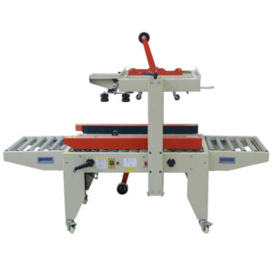 Industrial-grade automatic carton sealing machine with conveyor rollers for efficient box sealing in warehouses.