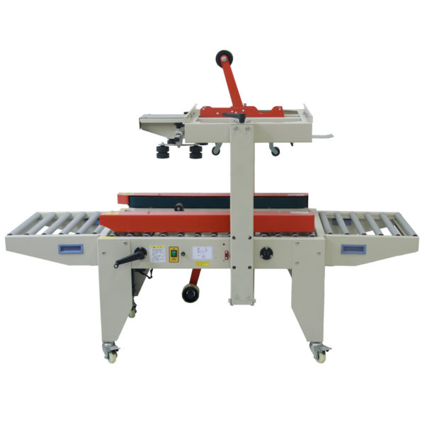 Industrial-grade automatic carton sealing machine with conveyor rollers for efficient box sealing in warehouses.