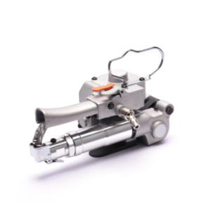 Compact pneumatic strapping machine for PET and PP straps, featuring friction weld sealing, ergonomic design, and air-powered performance for industrial packaging.
