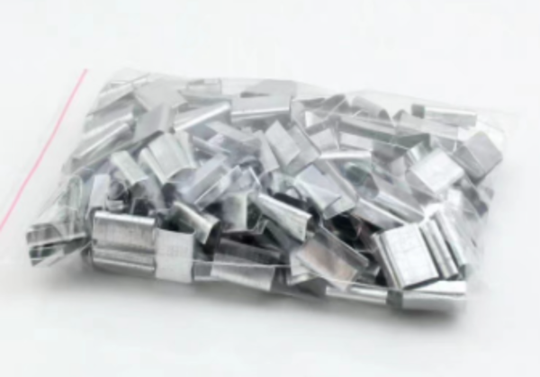 Heavy-duty strapping clip for securing PP and PET strapping in industrial packaging.