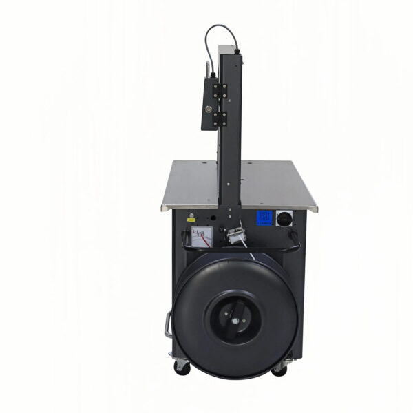 5mm automatic strapping machine side view showing strap dispenser, black frame, and wheels on a white background.
