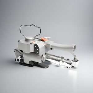 Pneumatic strapping machine for PET and PP packaging straps, used for high-tension industrial strapping applications.
