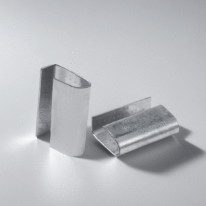 Close-up of galvanized steel strapping clip securing a polypropylene (PP) strap