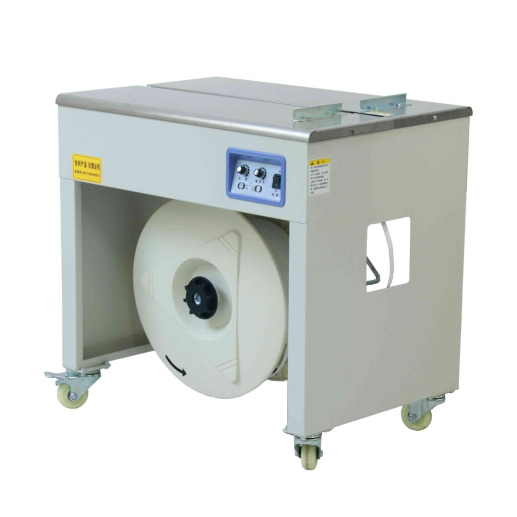 High-performance polypropylene strapping machine automating the packaging process with sensors and programmable settings, efficiently strapping boxes, pallets, and packages for secure shipment.
