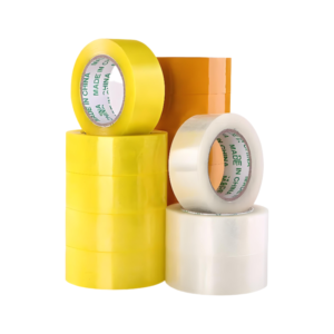 Clear packing tape sealing a cardboard box, designed for secure shipping, storage, and packaging.
