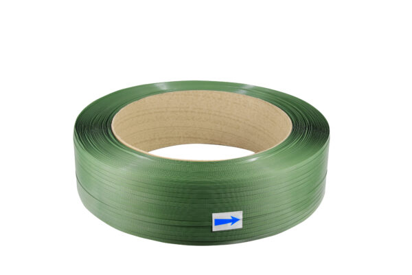 Durable green 5/8 inch PET strapping roll for heavy-duty pallet packaging, bundling, and load securing