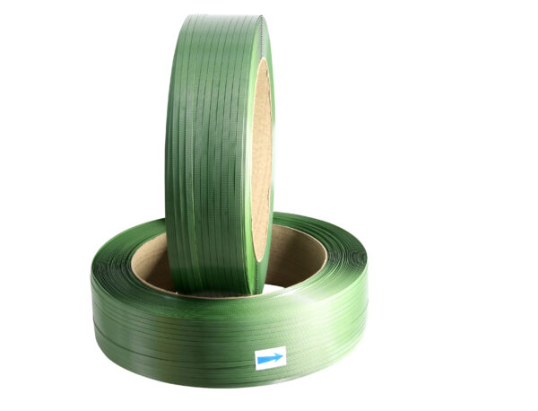 Green 5/8 inch PET strapping roll for industrial pallet packaging and load securing