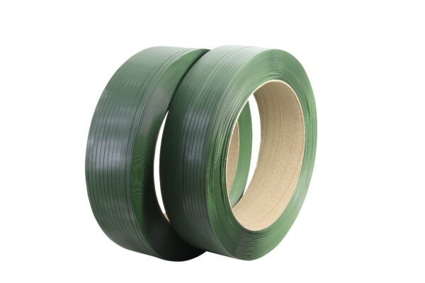 Two green 5/8 inch PET strapping rolls for industrial packaging and pallet securing