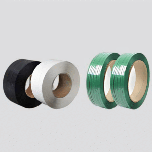 Black, white, and green plastic strapping rolls for packaging applications