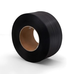 Black Polypropylene strapping roll for heavy-duty pallet packaging and industrial load securing.