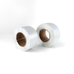 Two Roll of white 13mm polyester composite strapping with a cardboard core, secured with banding ties.