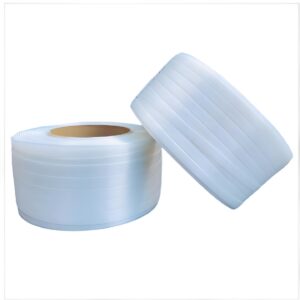 Heavy-duty white polyester composite strapping roll with a rigid polypropylene coating, designed for industrial pallet packaging and cargo securing.