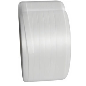 Coiled roll of 19mm white polyester composite strapping with a cardboard core, used for securing heavy-duty industrial loads.