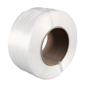 Close-up of a 16mm white polyester composite strapping roll, coiled on a cardboard core, used for industrial packaging and pallet securing.