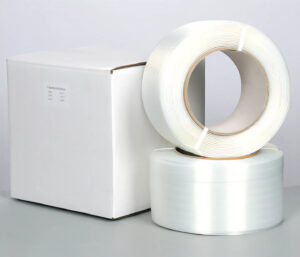 Rolls of 32mm composite strapping tape next to a white packaging box
