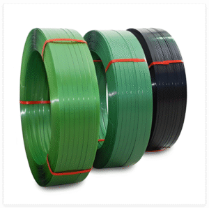 Rolls of green and black PET strapping coils used for heavy-duty packaging and pallet securing.