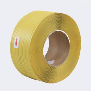Yellow 1/2-inch polypropylene (PP) strapping coil on a cardboard core.